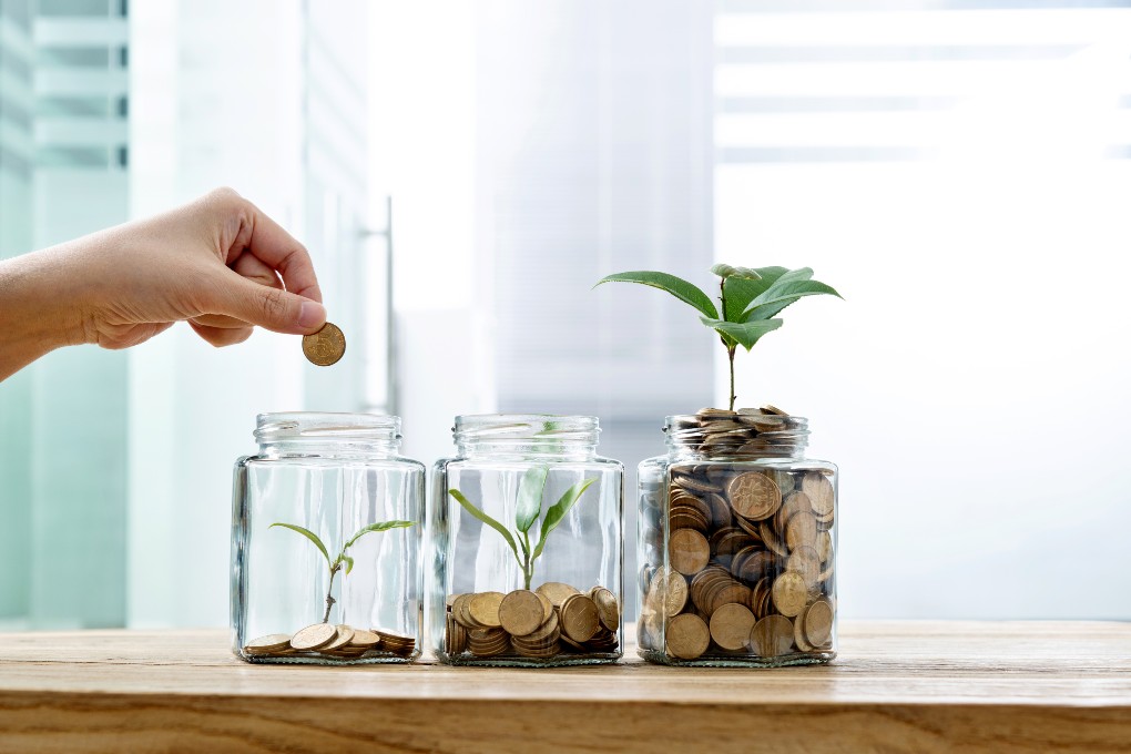 Une personne dépose une pièce de monnaie dans un pot où croit une plante.